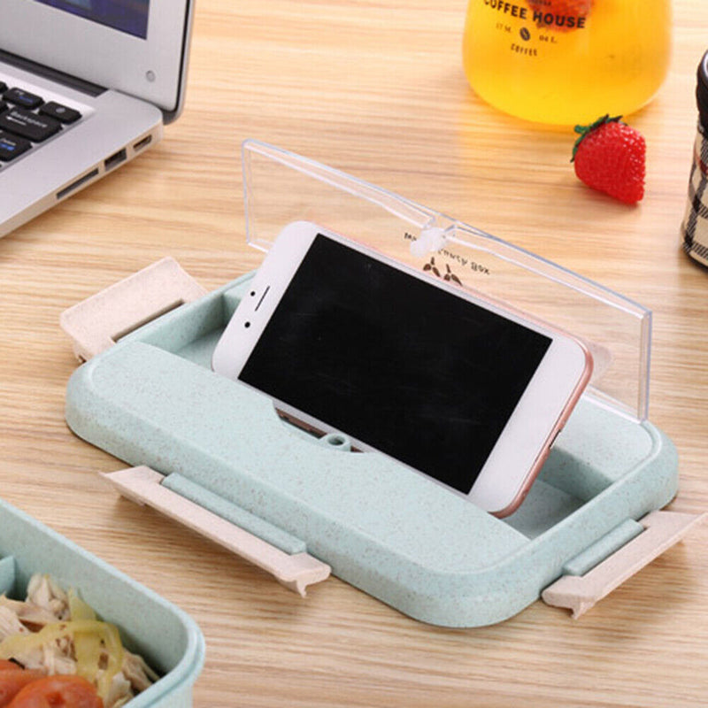 Microwave Lunch Box Wheat Straw Compartments Bento Food Container (Blue) Newly