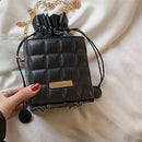 Fashion Women PU Checker Cube Shoulder Bag Solid Color Drawstring Crossbody Bags