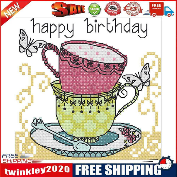 Teacup Cross Stitch Kit 14CT Stamp Embroidery DIY Needlework (J356 15x14cm)