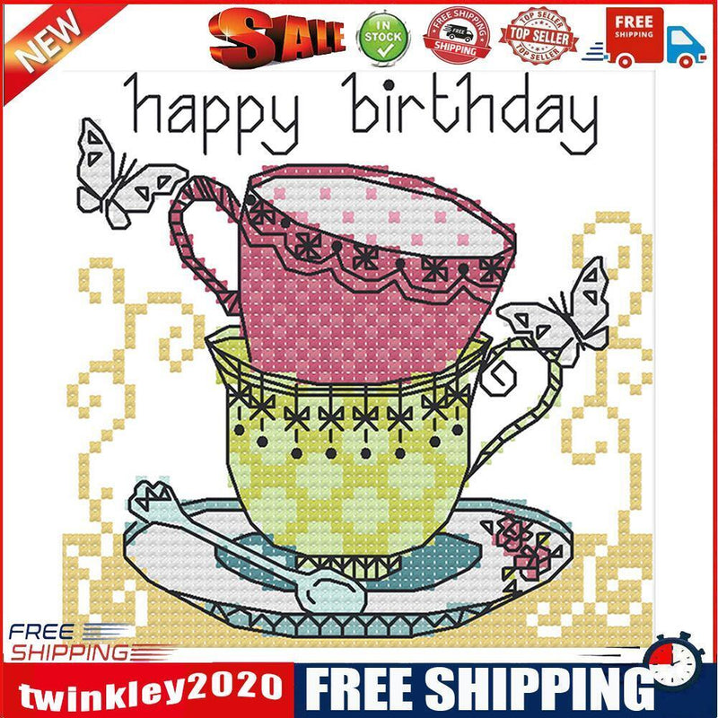 Teacup Cross Stitch Kit 14CT Stamp Embroidery DIY Needlework (J356 15x14cm)