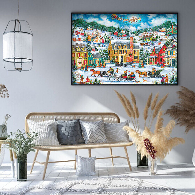 Town Snow Scene 11CT Stamped DIY Embroidery Full Cross Stitch Home Decorati