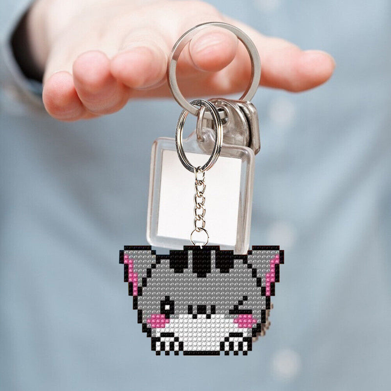 Bead Cross Stitch Stamped Needlework DIY Cartoon Cat Keychain Kit (SMX-070)