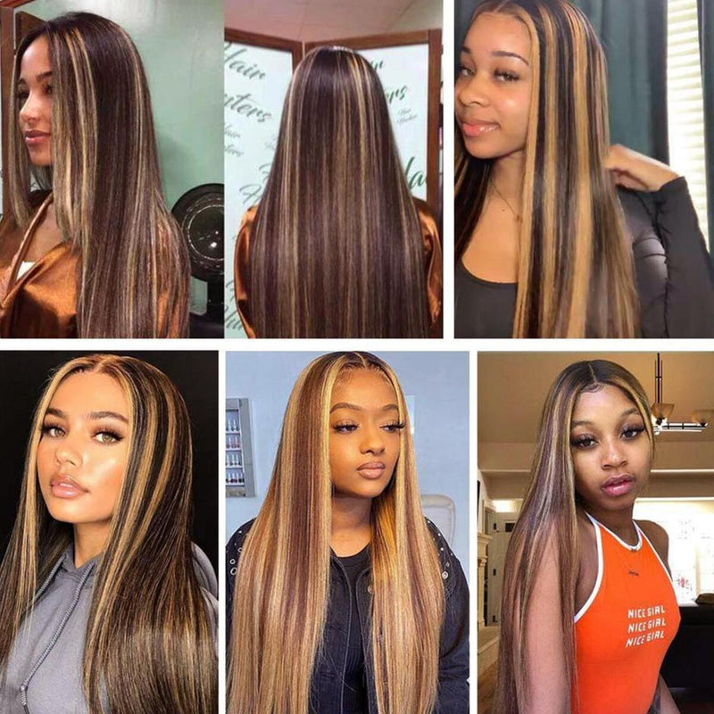 Women Fashion Ombre Brown Human Hair Wigs Brazilian Full Long Straight Front Wi~