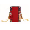 Woven Bucket Shoulder Bag Women Ethnic Tassel Chain Crossbody Bag (Red)
