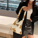 Fashion Women Flower Print Plush Shoulder Bag Winter Large Handbags (Khaki)