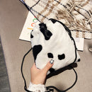 Lady Shoulder Crossbody Bag Cow Milk Leopard Printed Plush Drawstring Mini Purse