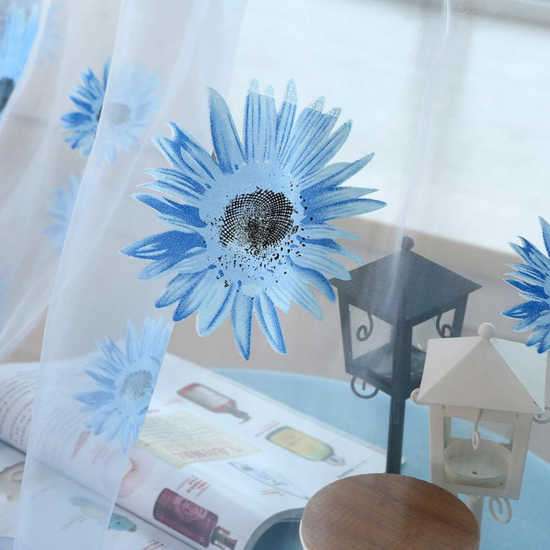Sunflower Print Window Door Curtain Tulle Curtains for Living Room (Blue)