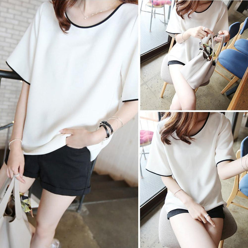 Women Bottom T-Shirt Solid Color Half Sleeve O-neck Tee Shirt (White M)