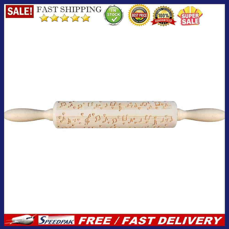 Musical Note Wood Embossing Rolling Pin DIY Baking Cookies Engraved Stencil