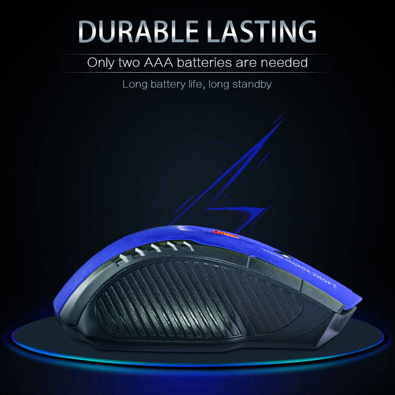 USB Wireless Mouse 1600DPI Adjustable Receiver 2.4GHz Mice for PC (Blue)