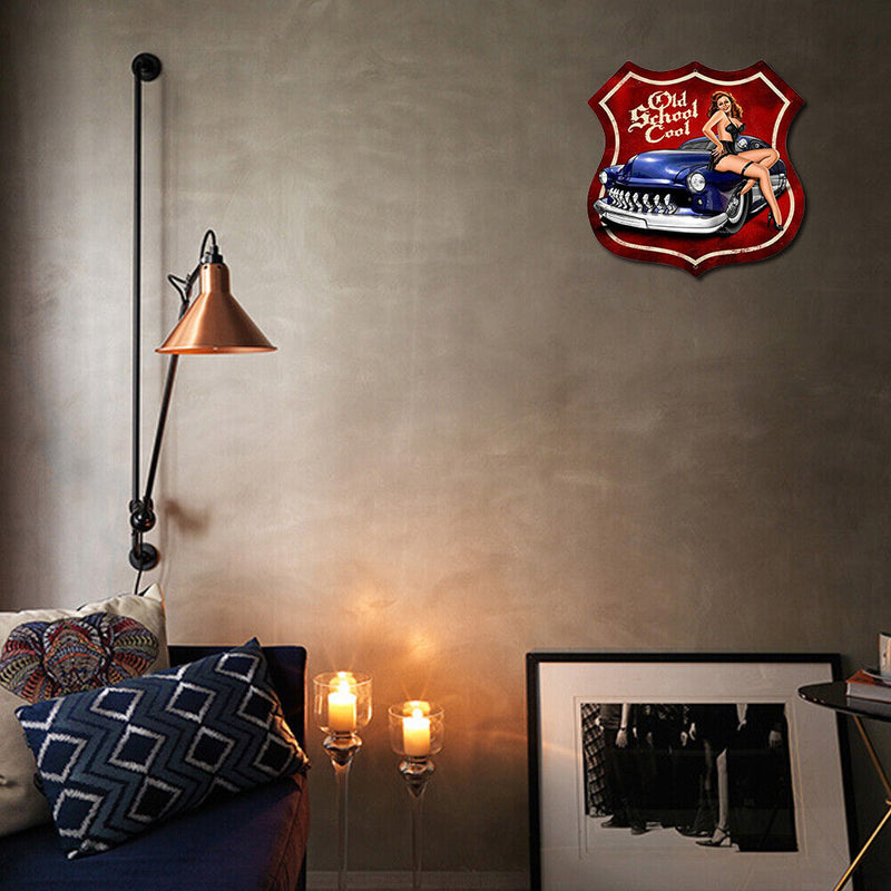 Sexy Car Lady Metal Tin Sign for Bar Pub Decorative Iron Painting Shield Shape