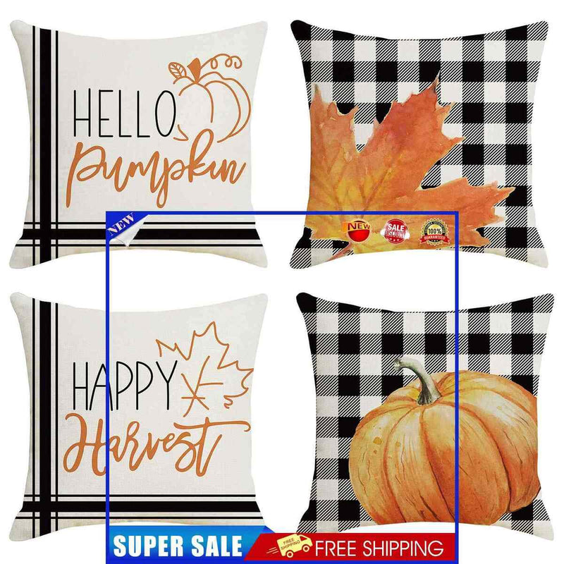 Fall Pumpkin Pillow Covers Linen Cushion Buffalo Plaid Pumpkin Pillow Cover