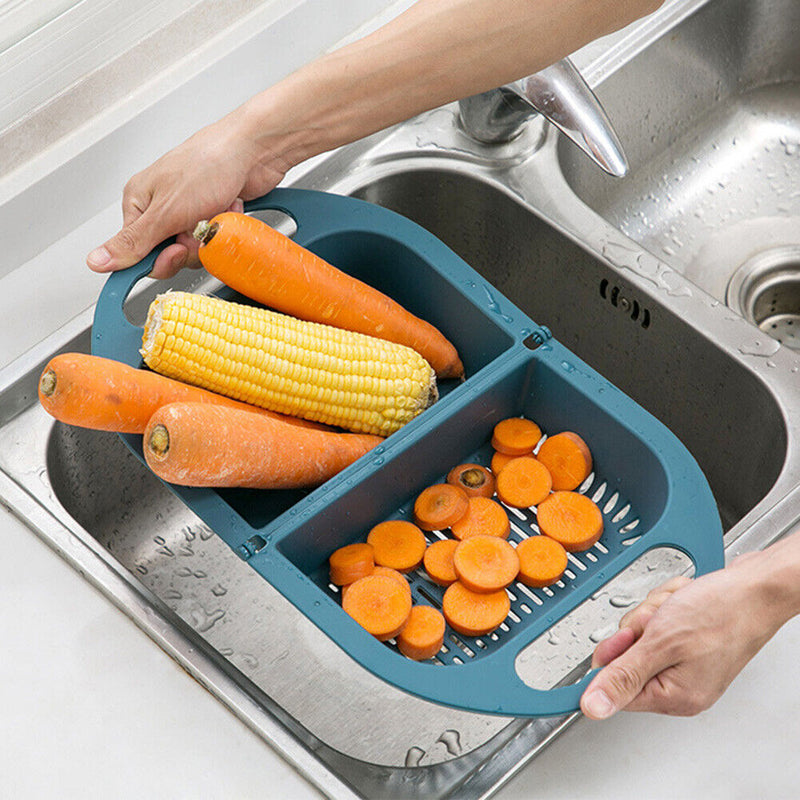 Foldable Drain Basket Fruit Vegetable Kitchen Washing Sink Strainer (Blue)