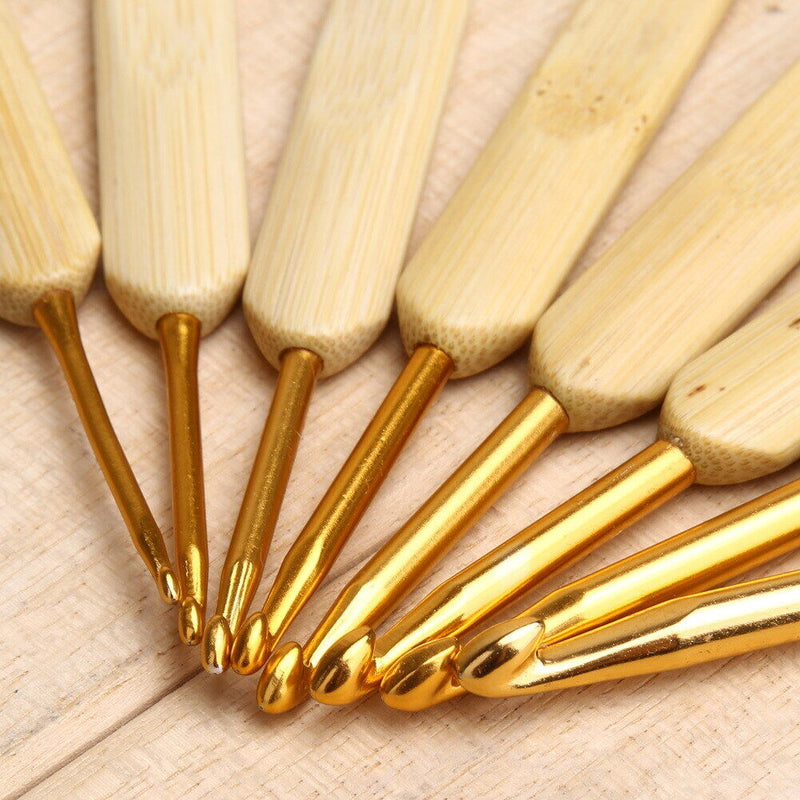 8pcs 8 sizes Bamboo handle Golden Aluminum Crochet Hooks Needles 2.5mm-6mm Newly