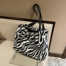 Women Fashion Zebra Stripes Cow Print Shoulder Bags Winter Plush Shopping Bag