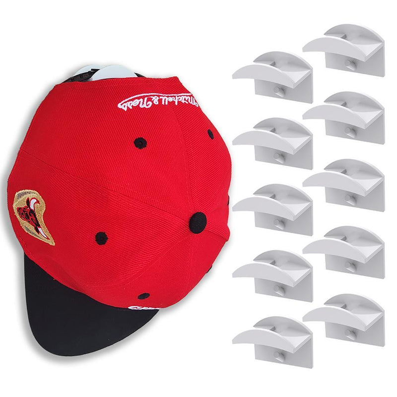 Adhesive Hat Hooks for Wall (Pack of 10) - Baseball Caps Hangers Rack (White)