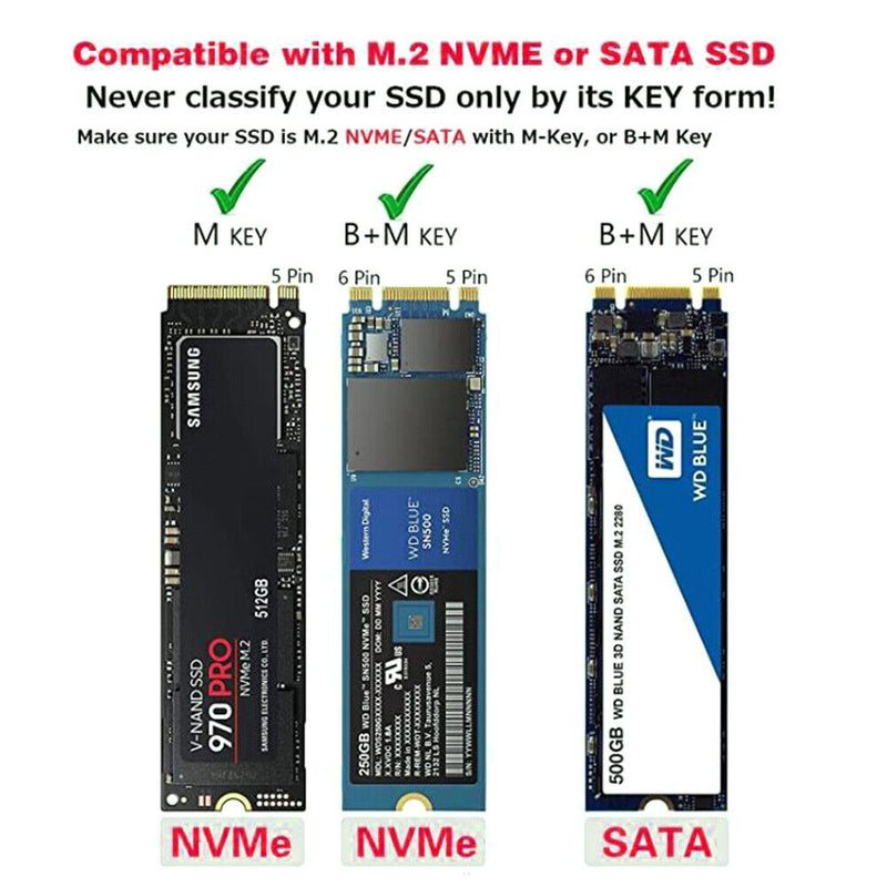 Dual Protocol M2 SSD Disk Case M.2 to USB 3.1 for NVME PCIE NGFF SATA M/B Key