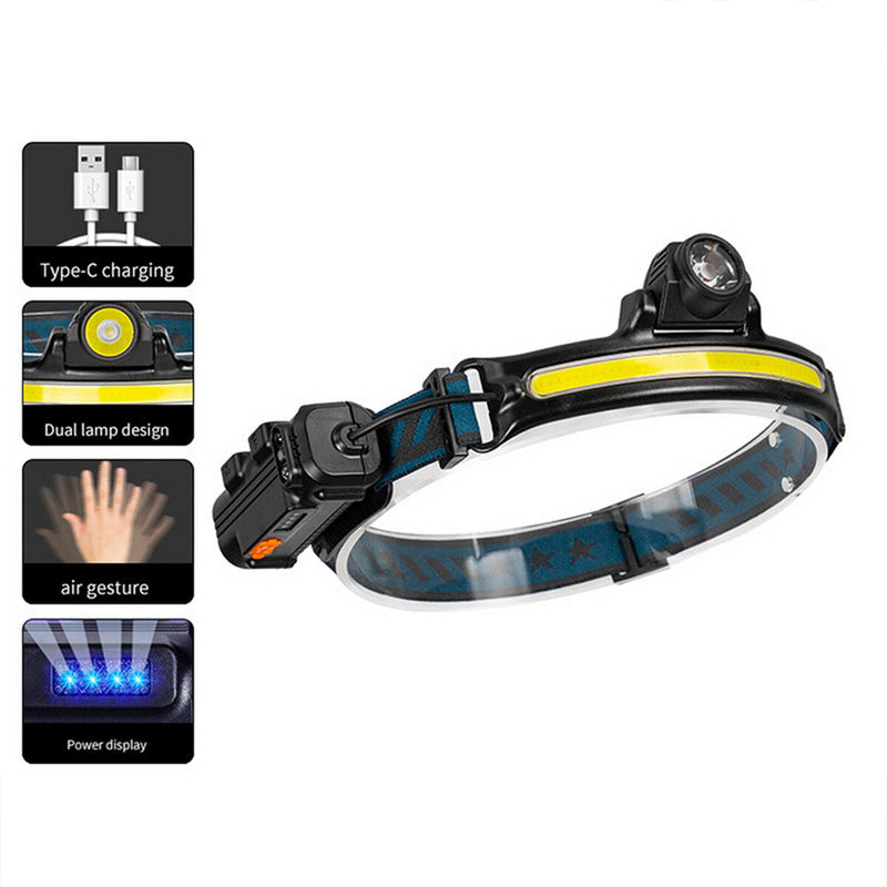 LED Headlamp Flashlight Outdoor Wide Beam COB Head Lamp with Motion Sensor Newly