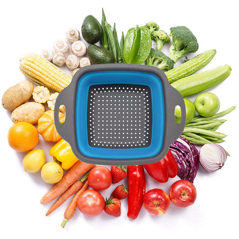 Folding Silicone Drain Basket Fruit Vegetable Washing Strainer (Blue L)
