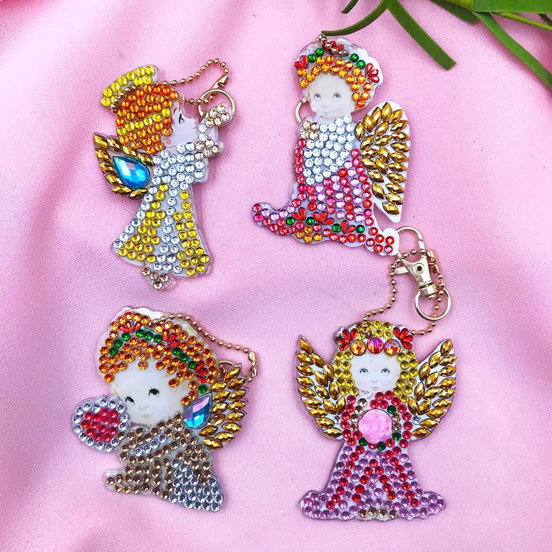 4pcs DIY Full Drill Diamond Paintng Girl Angle Style Special Shape Keychain Gift