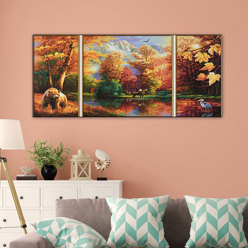 3 Panels Fall Forest Animals Oil Paint By Numbers Kits DIY Handpainted on Canvas