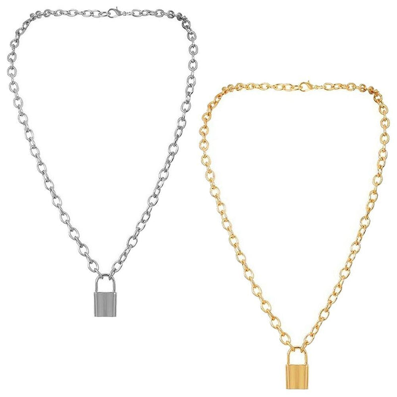 Steel  Chain Collar Statement Punk Choker Long Chain PadLock Pendant Necklace