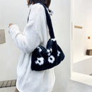 Women Flower Heart Shoulder Bag Fashion Plush Small Handbags (Black Flower)