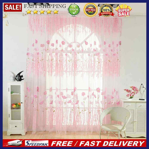 Offset Printing Sheer Curtain Yarn Tulle Window Screen Voile Panel(Pink)