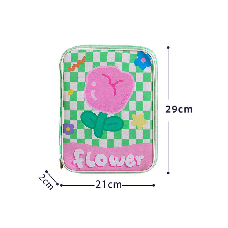 Girl Cartoon PU Checkerboard Pattern Tablet Case Zipper Clutch (Green) Newly