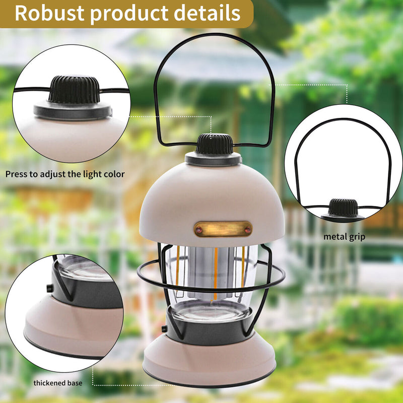 LED Camping Lantern Rechargeable Metal Grip Hanging Camping Lights (Beige)