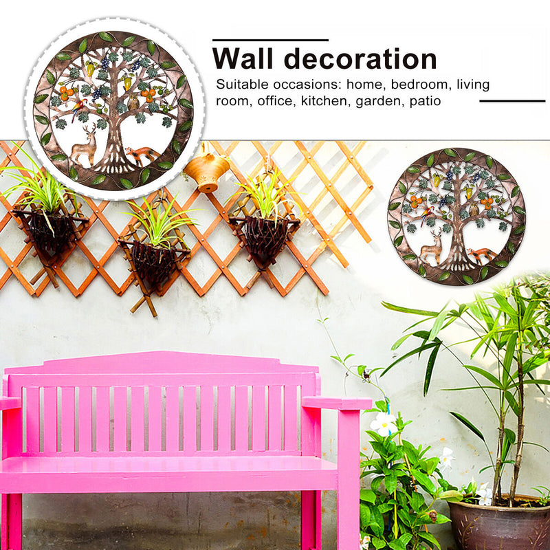 Iron Wall Sculptures-Metal Round Wall Decor with Tree Deer Fox Home Decor Newly