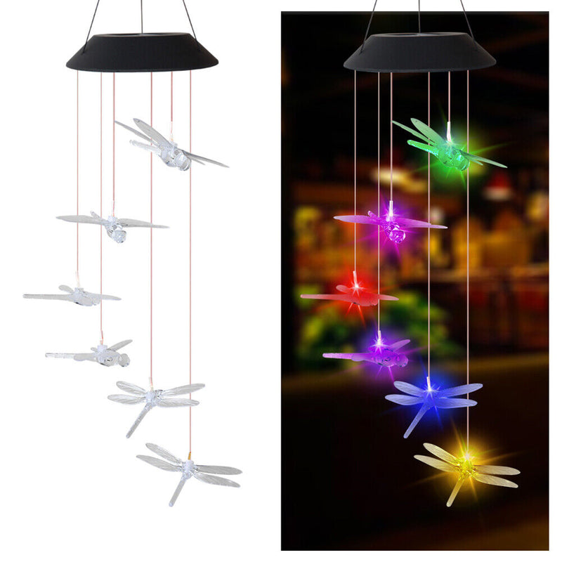 Waterproof Wind Chime Solar Power Lamp Color Changing Dragonfly Pendant Lig