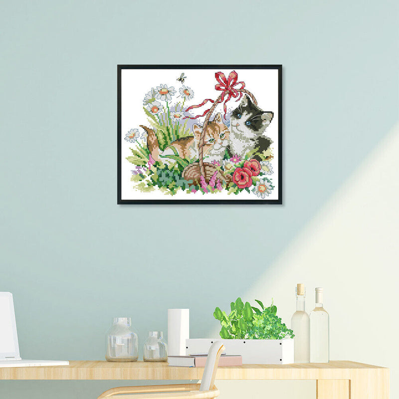 Stamped Cross Stitch Spring Kitties 2-Strand 14CT Embroidery DIY Set (D376)
