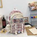 Women Canvas Patchwork Backpack Preppy Style Student Large Knapsack (Pink) Newly