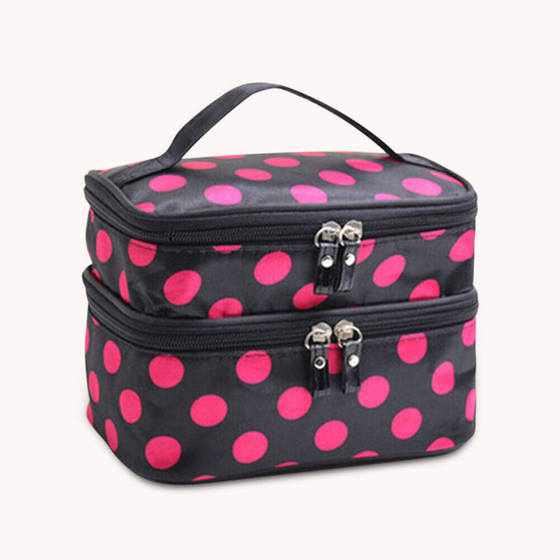Double Layer Cosmetic Bag Travel Makeup Storage Case (Black+Red Dot) Newly