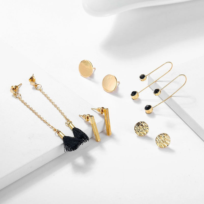 Women Trendy Mixed Black Tassel Ear stud Long Dangle Drop Alloy Earring Sets