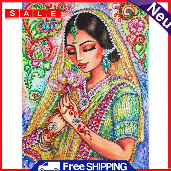 Partial Special Diamond Painting Girl Holding Lotus 5D Rhinestone Mosaic Picture