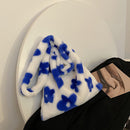 Fashion Women Flower Print Plush Shoulder Bag Winter Large Handbags (Blue)