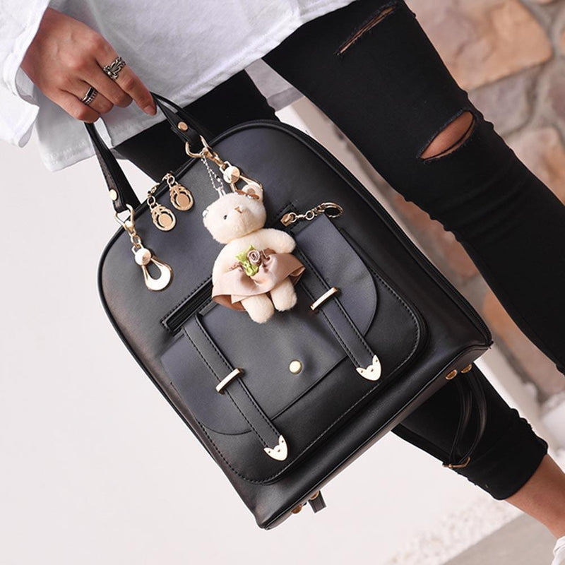 Women Student Preppy Style Cute Bear Pendant Bookbag Backpack(Black)