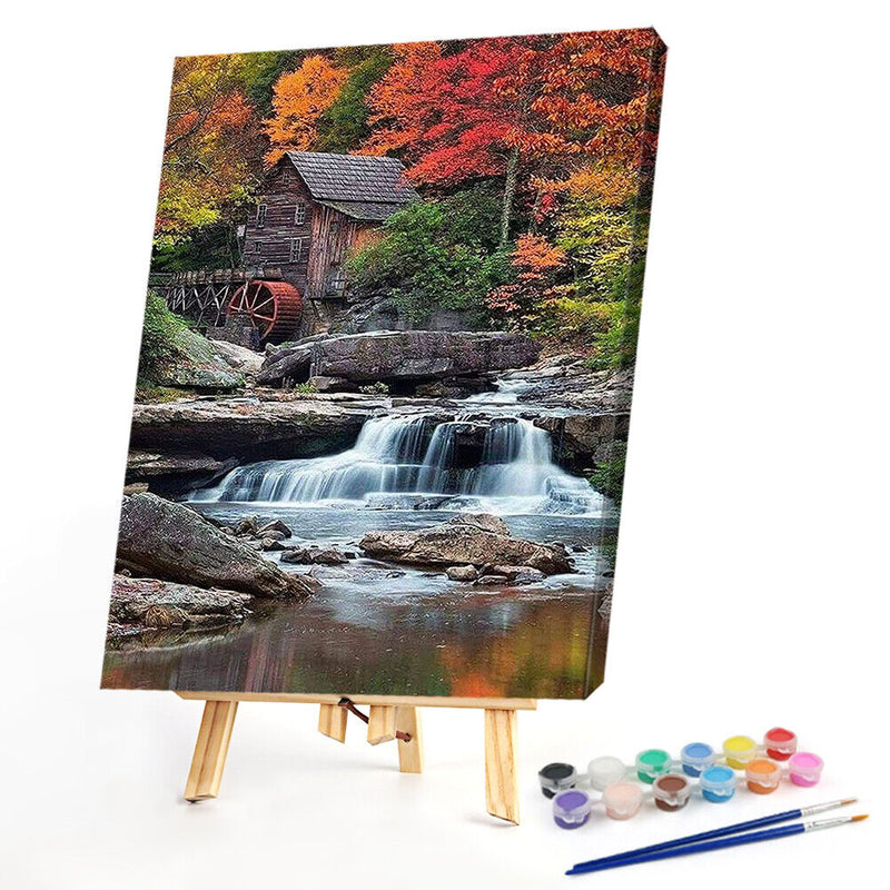 Hut by Waterfall Oil Paint By Numbers DIY Handpainted on Canvas Wall Art