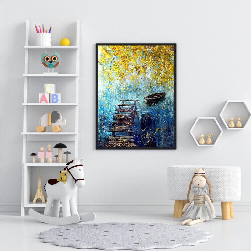 Frameless Oil Paint By Numbers Riverside Boat DIY Canvas Picture Craft Kit