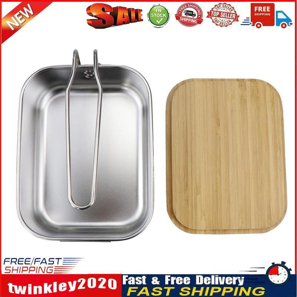 Steel Lunch Box Bamboo Wood Cover Portable Picnic Barbecue Bento Container Newly