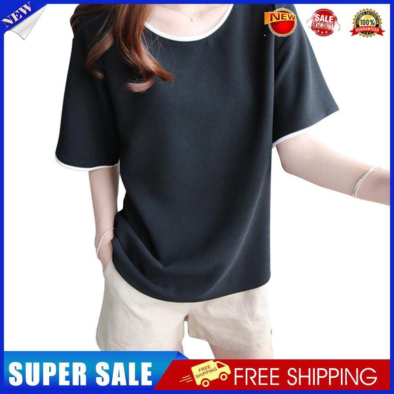 Women Bottom T-Shirt Solid Color Half Sleeve O-neck Tee Shirt (Black L)
