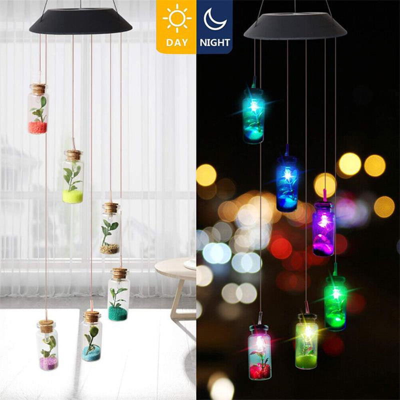 LED Solar Wind Chime Lamp Color Changing Wishing Bottle Hanging Light (A) Newly