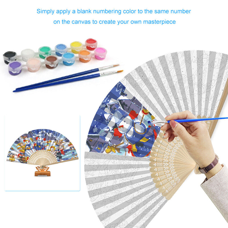 Hand Painted Folding Fan Oil Paint By Numbers DIY Snowman Kid Drawing Craft Gift