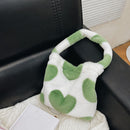 Women Plush Heart Pattern Handbag Large Capacity Shoulder Bag (Green Heart)