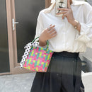 Handmade Woven Plaid Basket Tote Women Silk Scarf Small Handbag (Green)