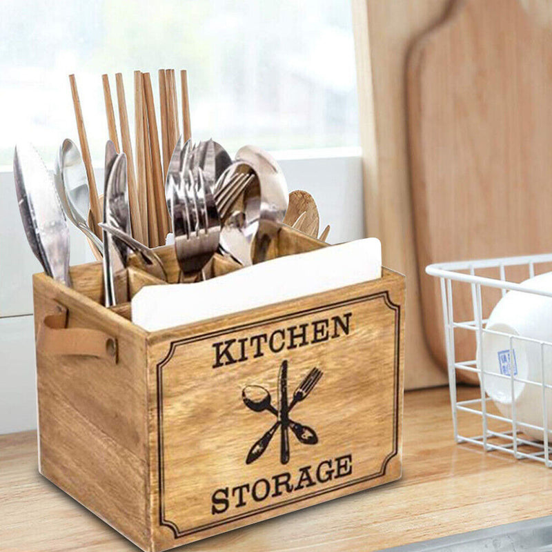 Wooden Cutlery Basket Kitchen Fork Chopstick Bucket Drainer Storage Box Newly