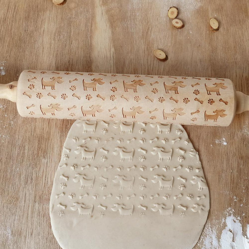 Dog Bone Engraved Embossing Wood Rolling Pin for DIY Baking Cookies Noodle