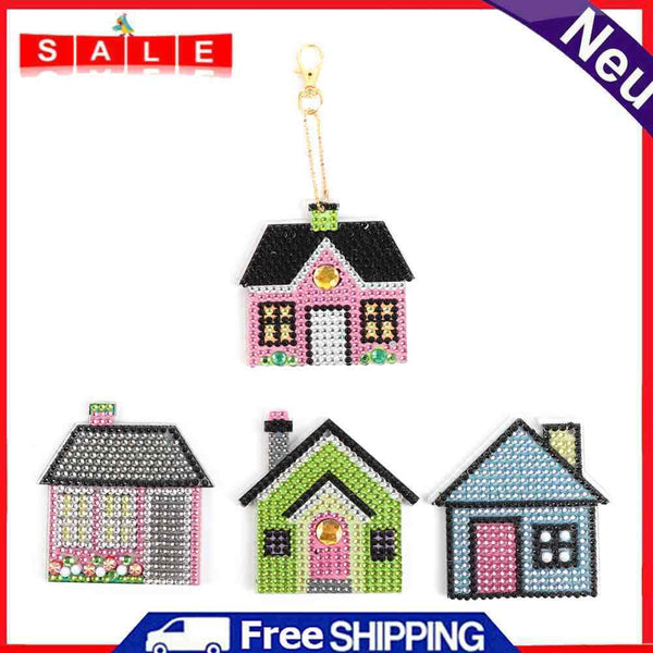 Mini Diamond Painting Four Houses Cross Stitch Mosaic Kit Key Ring Bag Decor